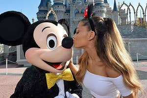 Ariana Grande kisses Mickey Mouse's cheek in Disney World