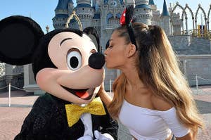 Ariana Grande kisses Mickey Mouse's cheek in Disney World