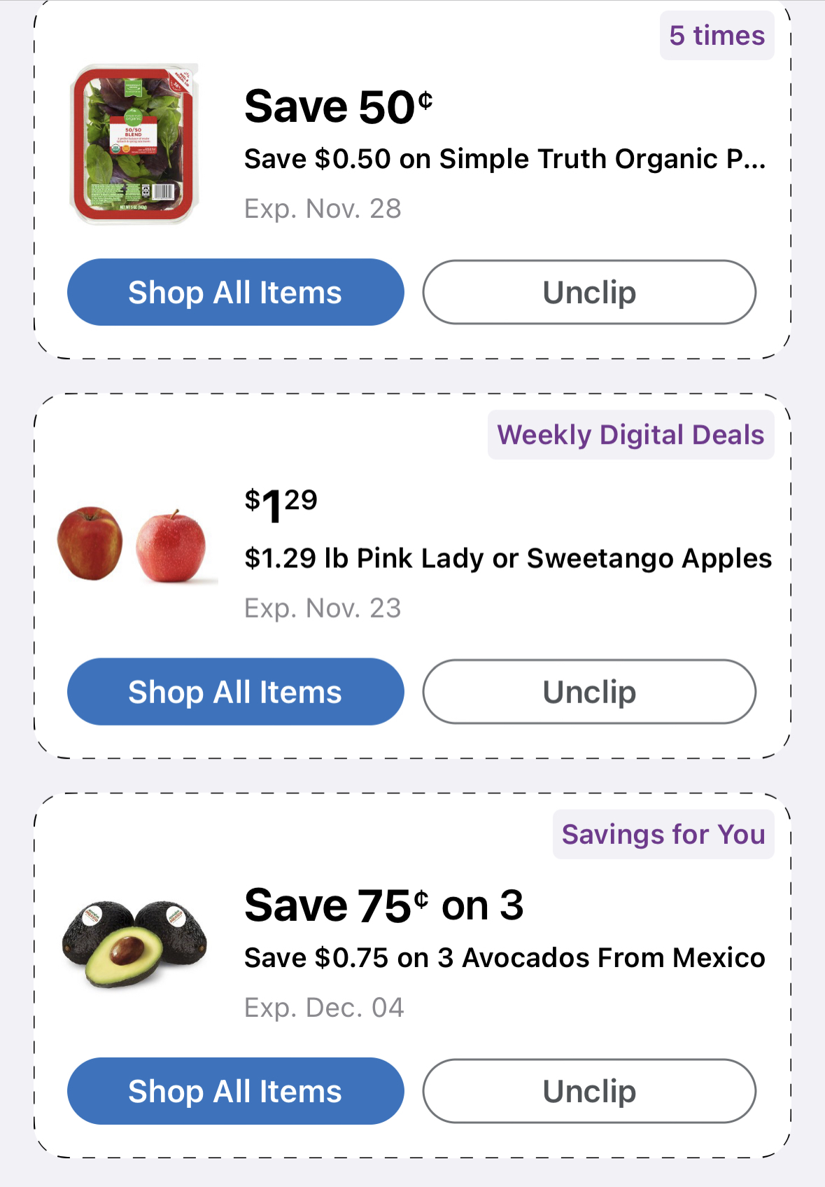 digital coupons clipped from store app