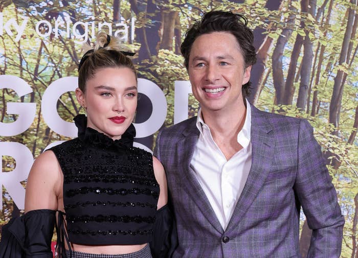 Close-up of Florence Pugh and Zach Braff smiling at a media event