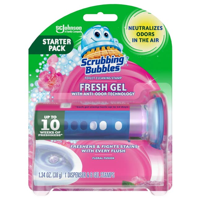 Scrubbing Bubbles Fresh Gel starter battalion with dispenser and gel stamps, promises up to 10 weeks of freshness and odor neutralization for toilets