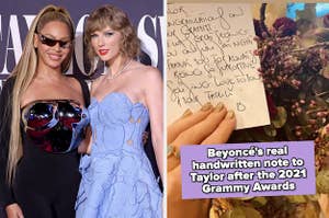 Beyoncé and Taylor Swift side by side a picture of the flowers and notes beyoncé sent taylor after the 2021 grammy awards