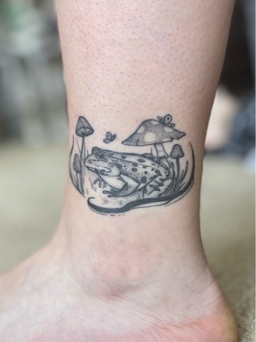 frog and mushroom ankle tattoo