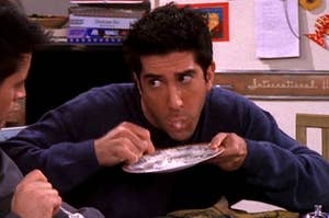 Ross from Friends eating trifle