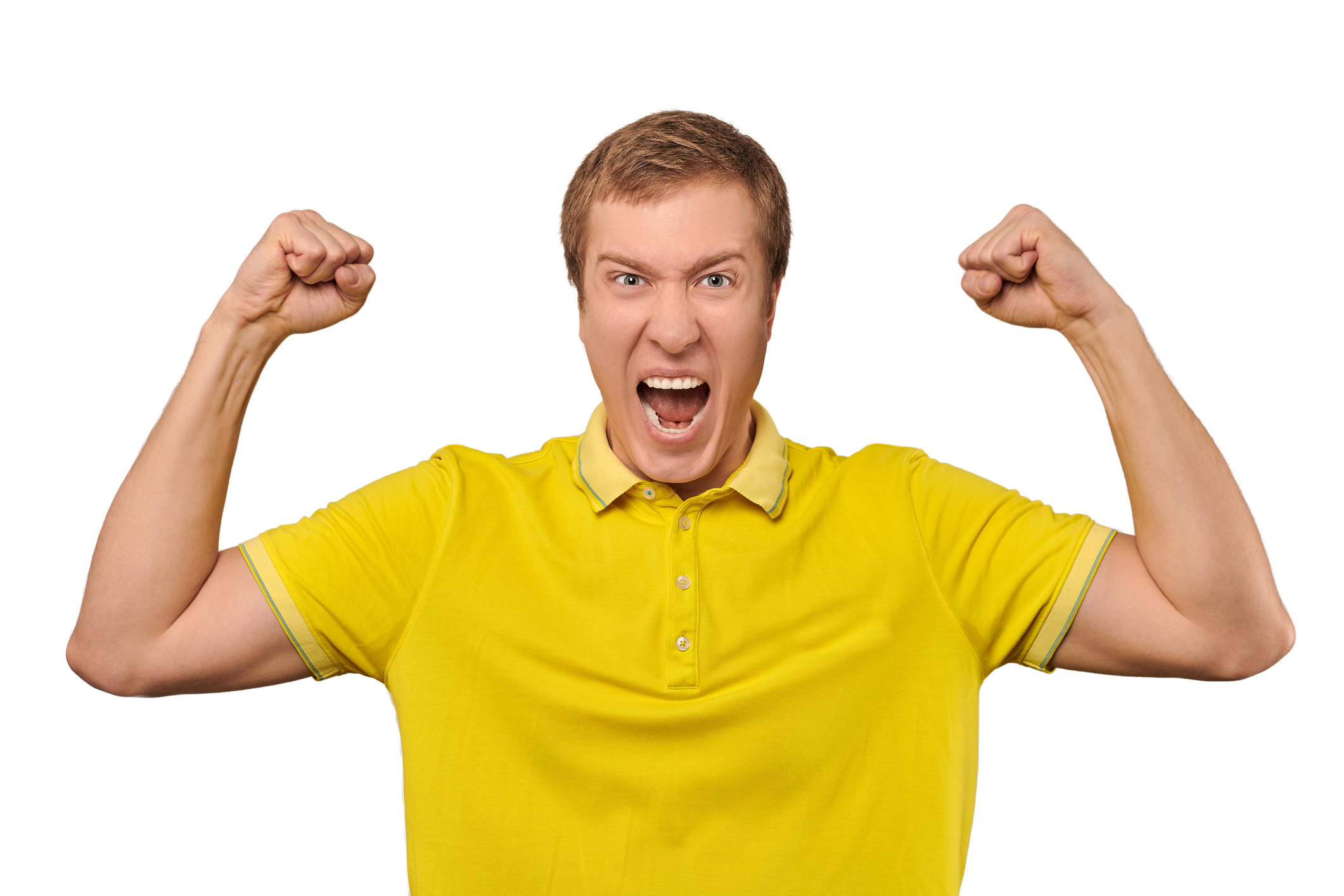 A man yelling and flexing his arms