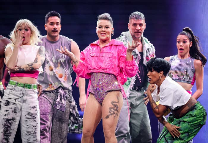 Pink onstage with her dancers