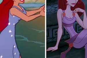 Ariel wears a sparkly long blue dress next to a separate image of Meg from Hercules wearing a long purple dress