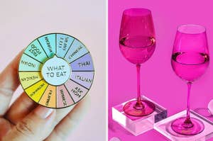 to the left: a colorful wheel pin to decide what to eat, to the right: pink barbie wine glasses