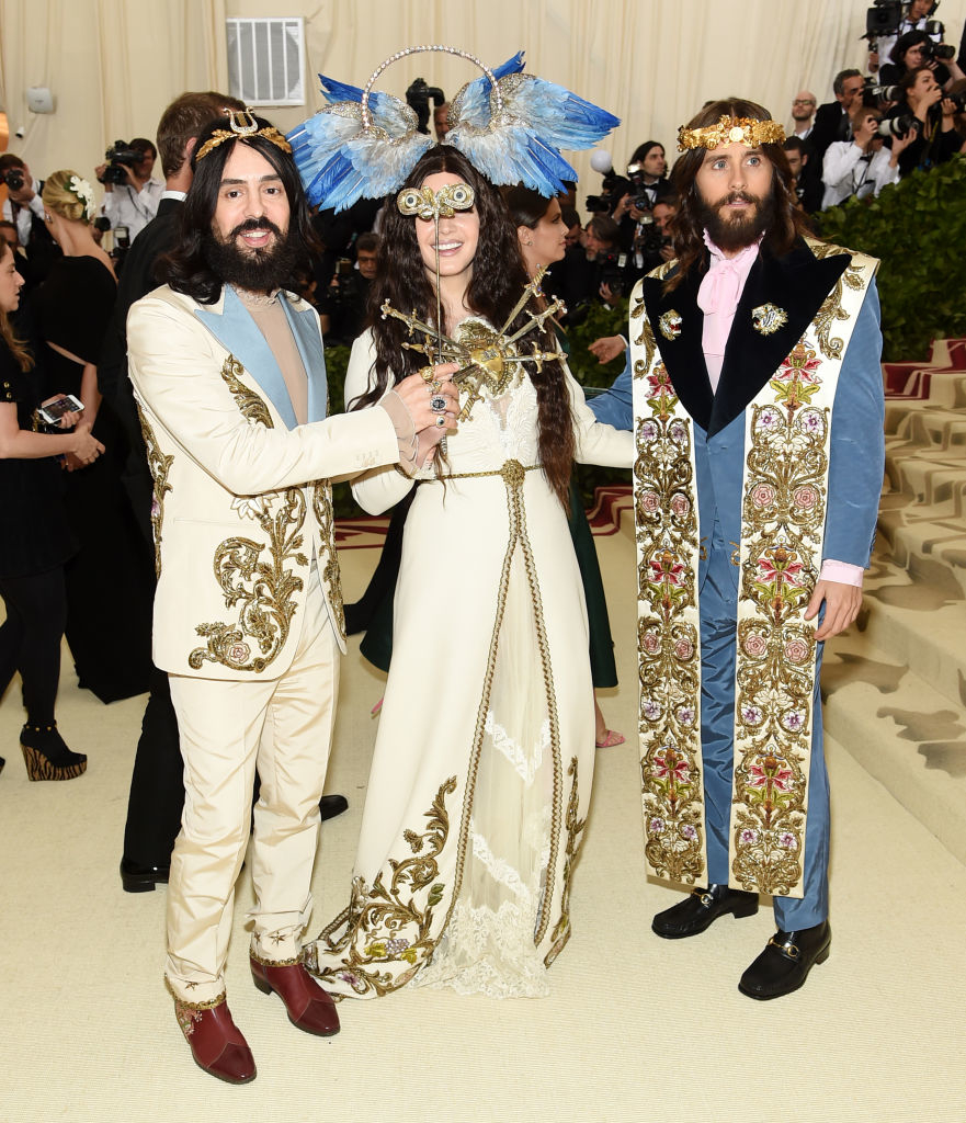 Close-up of Jared in 2018 in the embroidered jacket standing with Lana Del Rey and Alessandro Michele