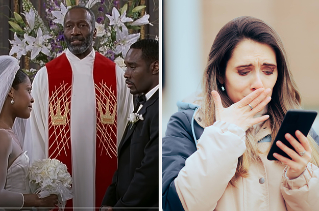 A bride and groom at the altar vs a shocked woman