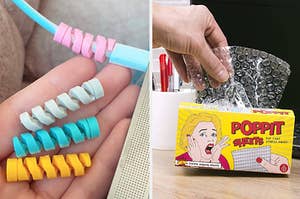 on left: colorful cable savers. on right: clear Poppit Sheets