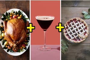 A thanksgiving turkey next to a separate image of an espresso martini next to a separate image of a cherry pie