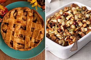 On the left, a lattice top apple pie, and on the right, stuffing in a dish