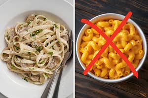 On the left, some fettuccine Alfredo, and on the right, a bowl of mac and cheese with an x drawn over it