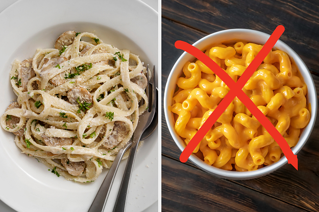On the left, some fettuccine Alfredo, and on the right, a bowl of mac and cheese with an x drawn over it