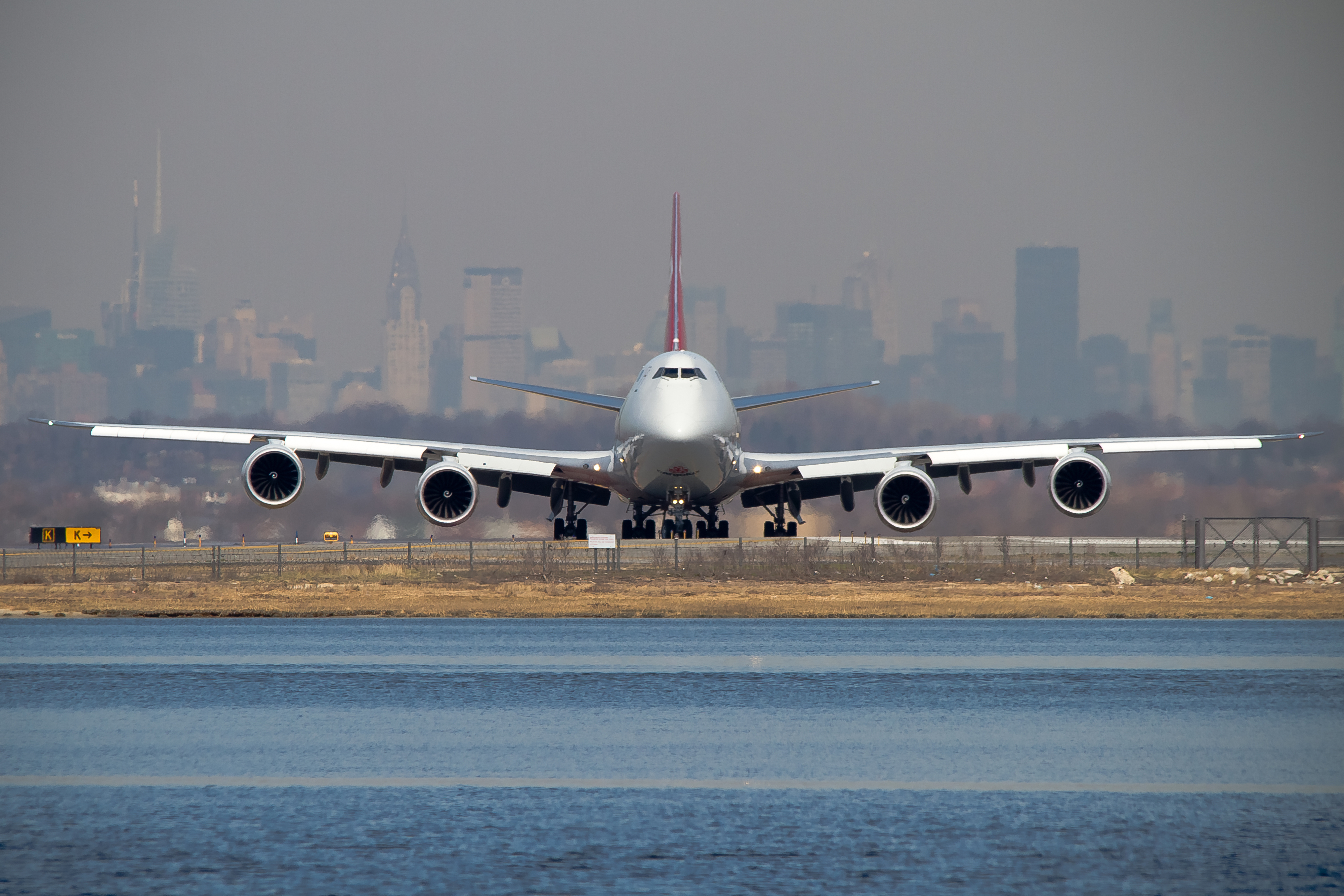 A Boeing 747-800 prepares taxies onto the runway