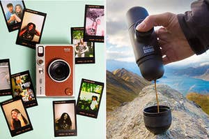 Instax Evo camera with polaroids around it; model pouring espresso into a cup