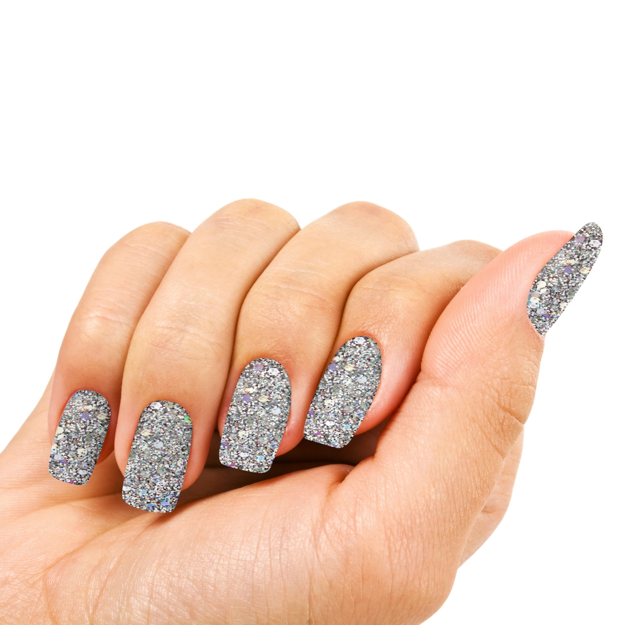 model wearing sparkly silver nail polish