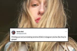jemima kirke with her blonde hair obscuring her face and a tweet about her instagram stories