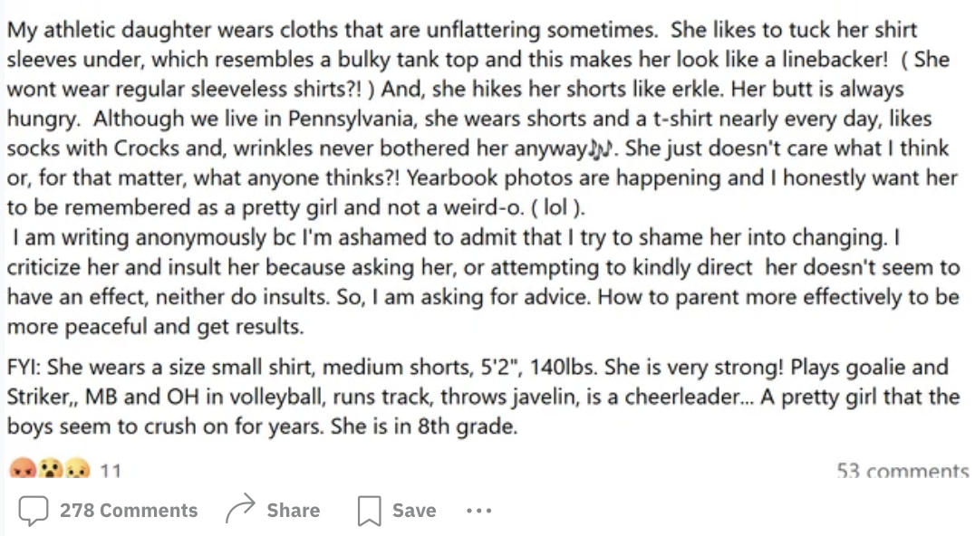 mom mad that her daughter wears athletic clothes that are unflattering