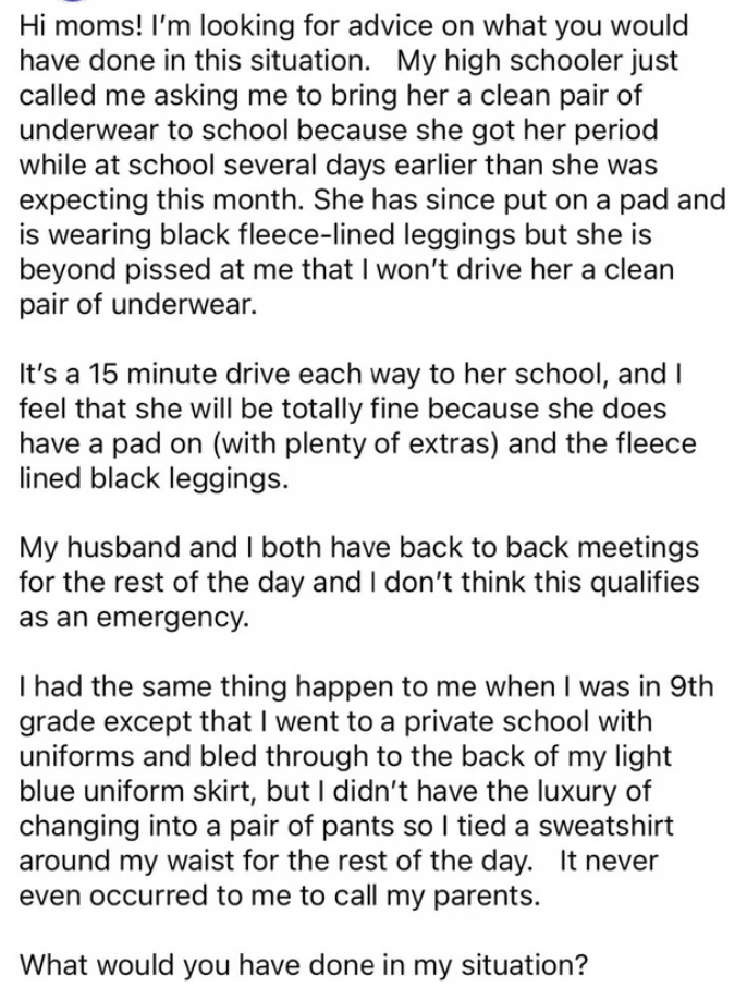mom asking facebook if they think it&#x27;s ok she didn&#x27;t drive to her daughter&#x27;s school with a new pair of underwear after her daughter bleed through hers