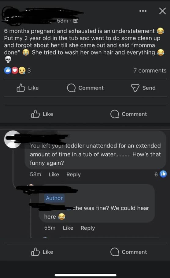 mom posting about forgetting her daughter in the tub with crying laughing emojis