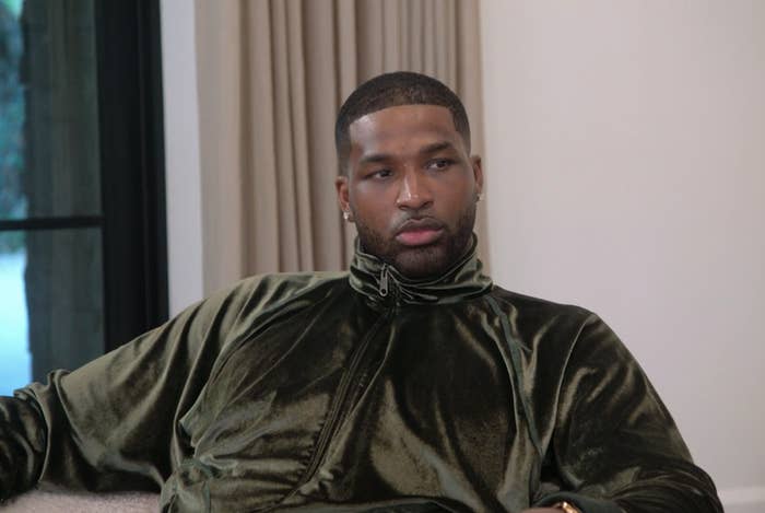 Closeup of Tristan Thompson in a velour tracksuit