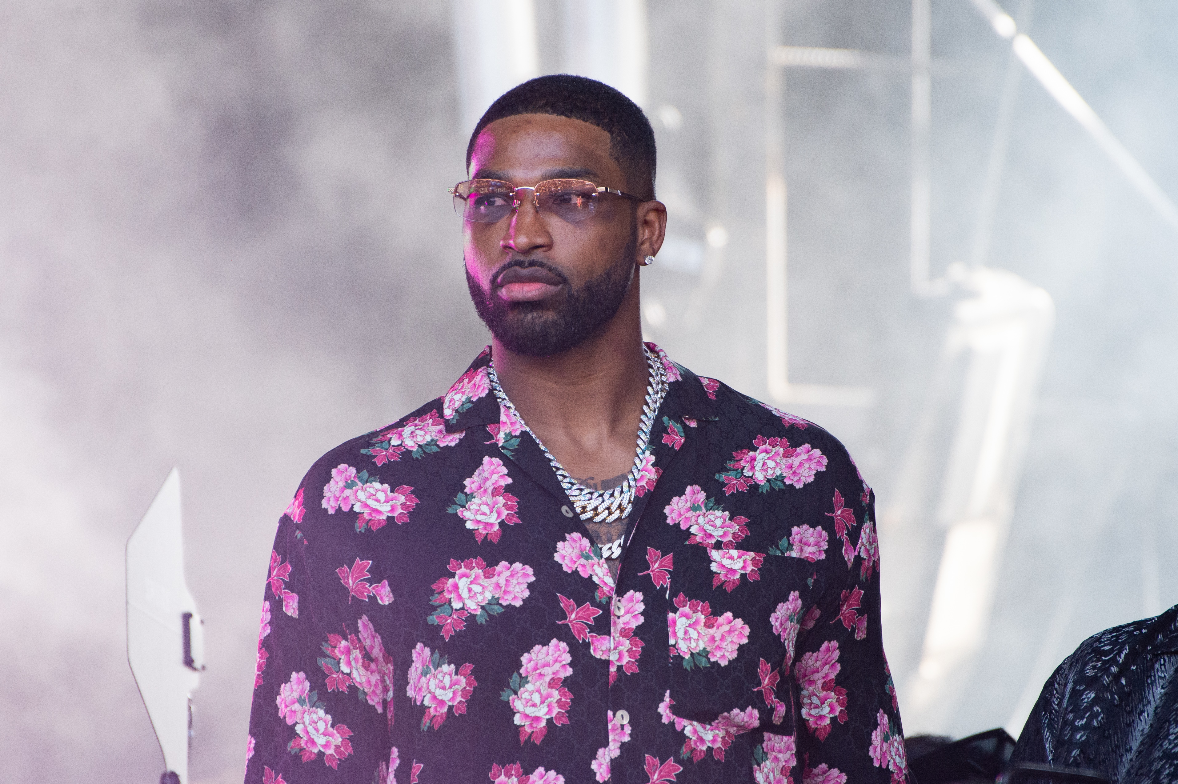 Closeup of Tristan Thompson in a floral-print top