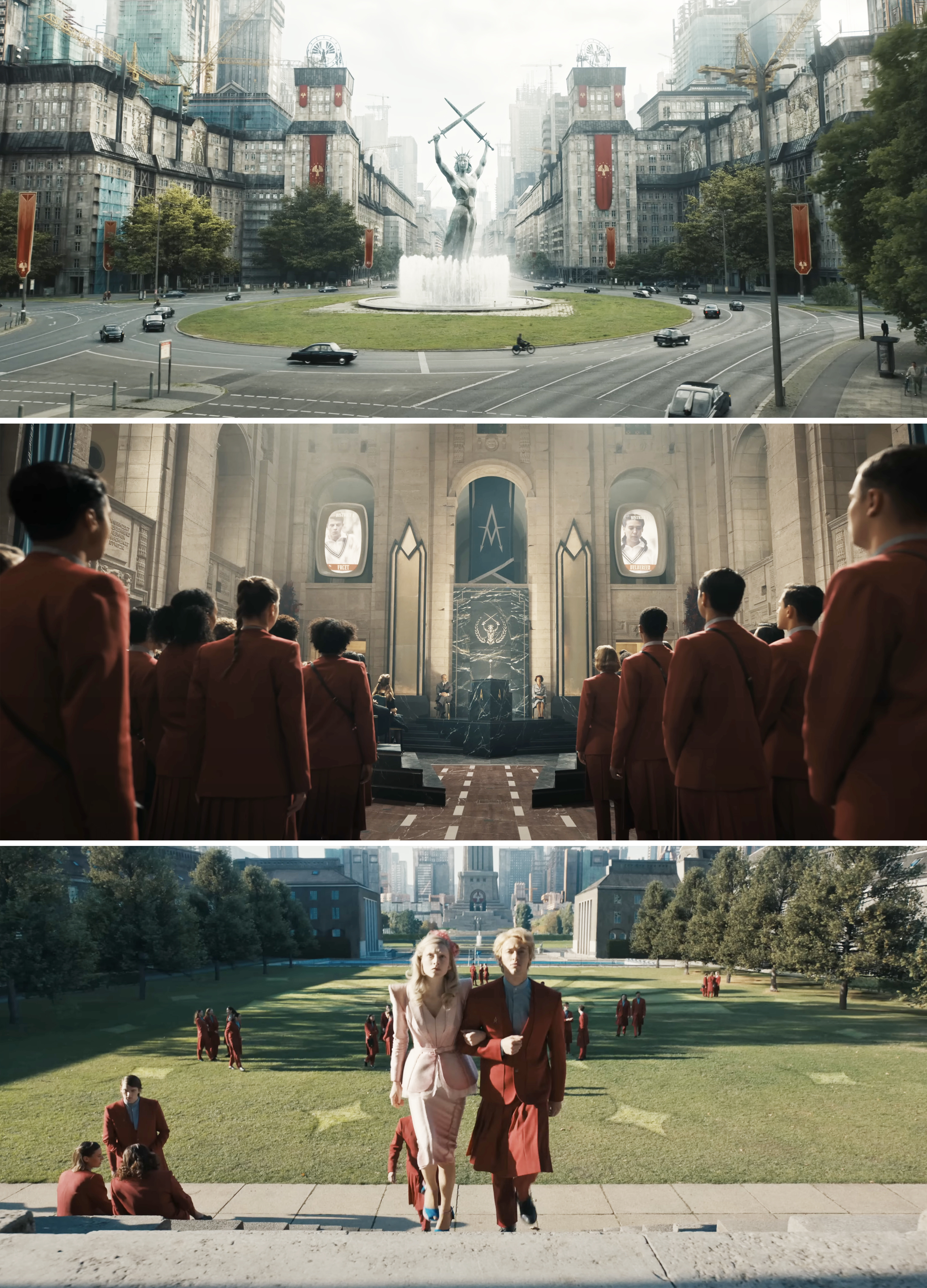 large fountain in the city square, people in uniform in a church-like building, and two people walking up stairs in a manicured yard