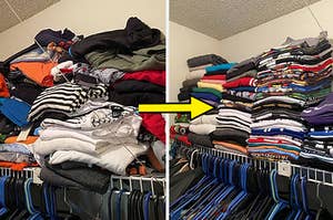 messy piles of clothes, tidy folded clothes