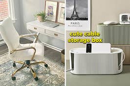 reviewer's swivel chair with gold frame / three cable storage boxes