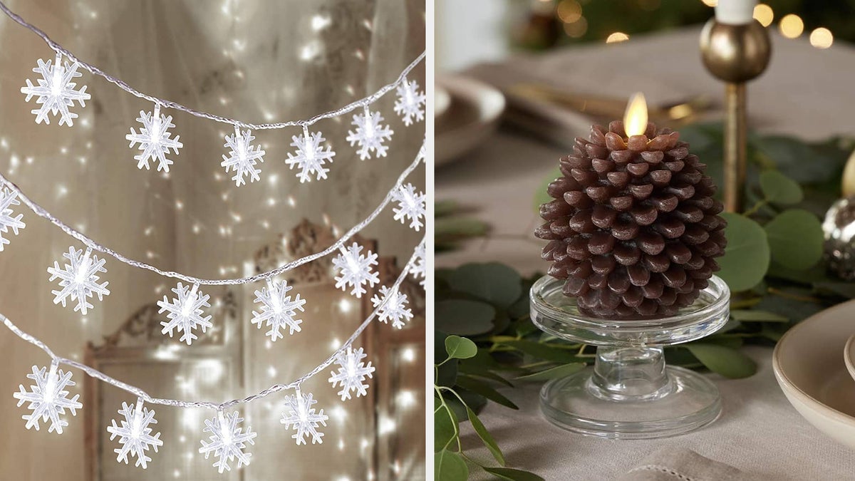 to the left: a string of snowflakes, to the right: a faux pinecone candle
