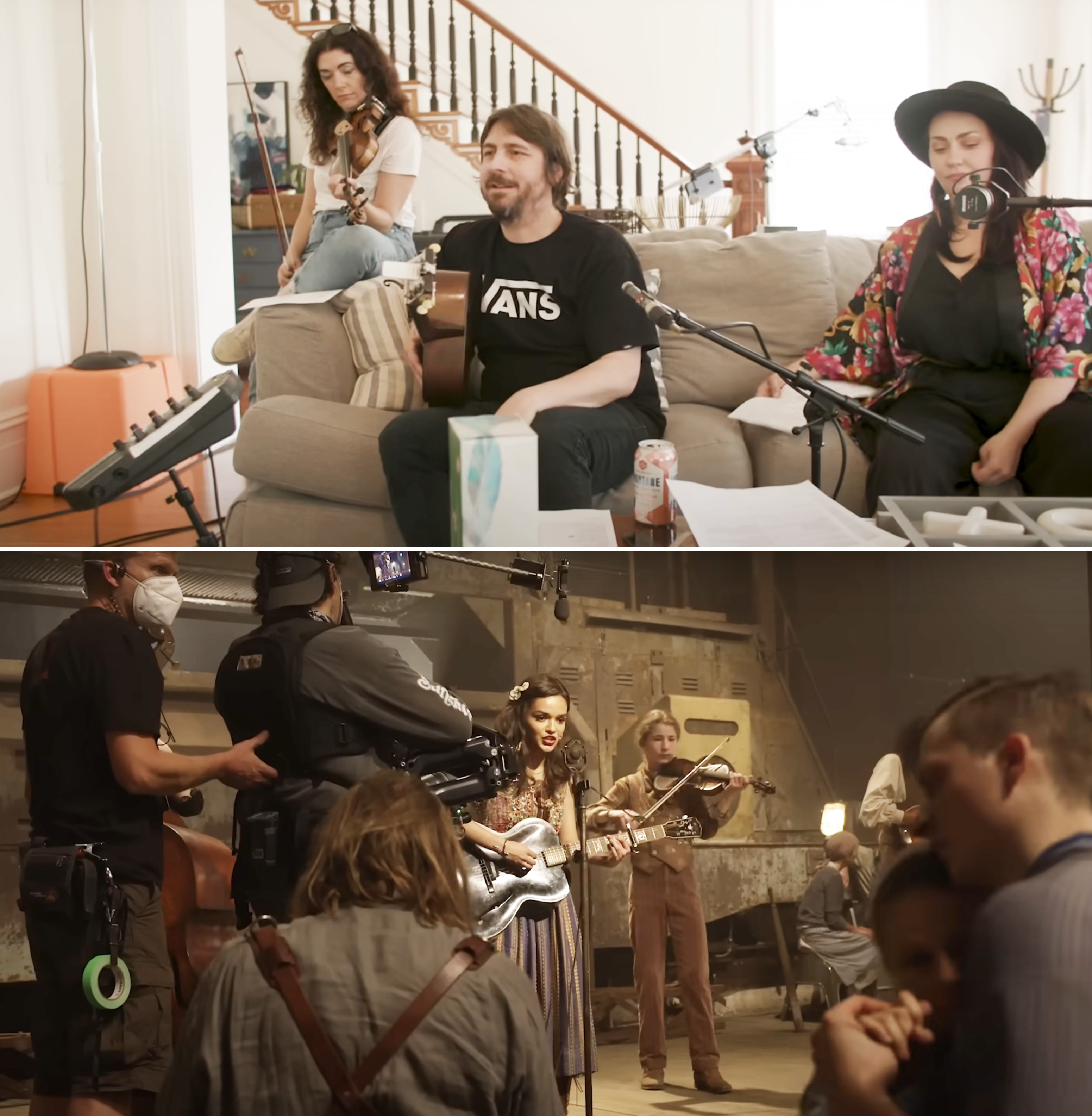 dave in the living room with other artists performing songs and behind the scenes filming of rachel playing on a stage