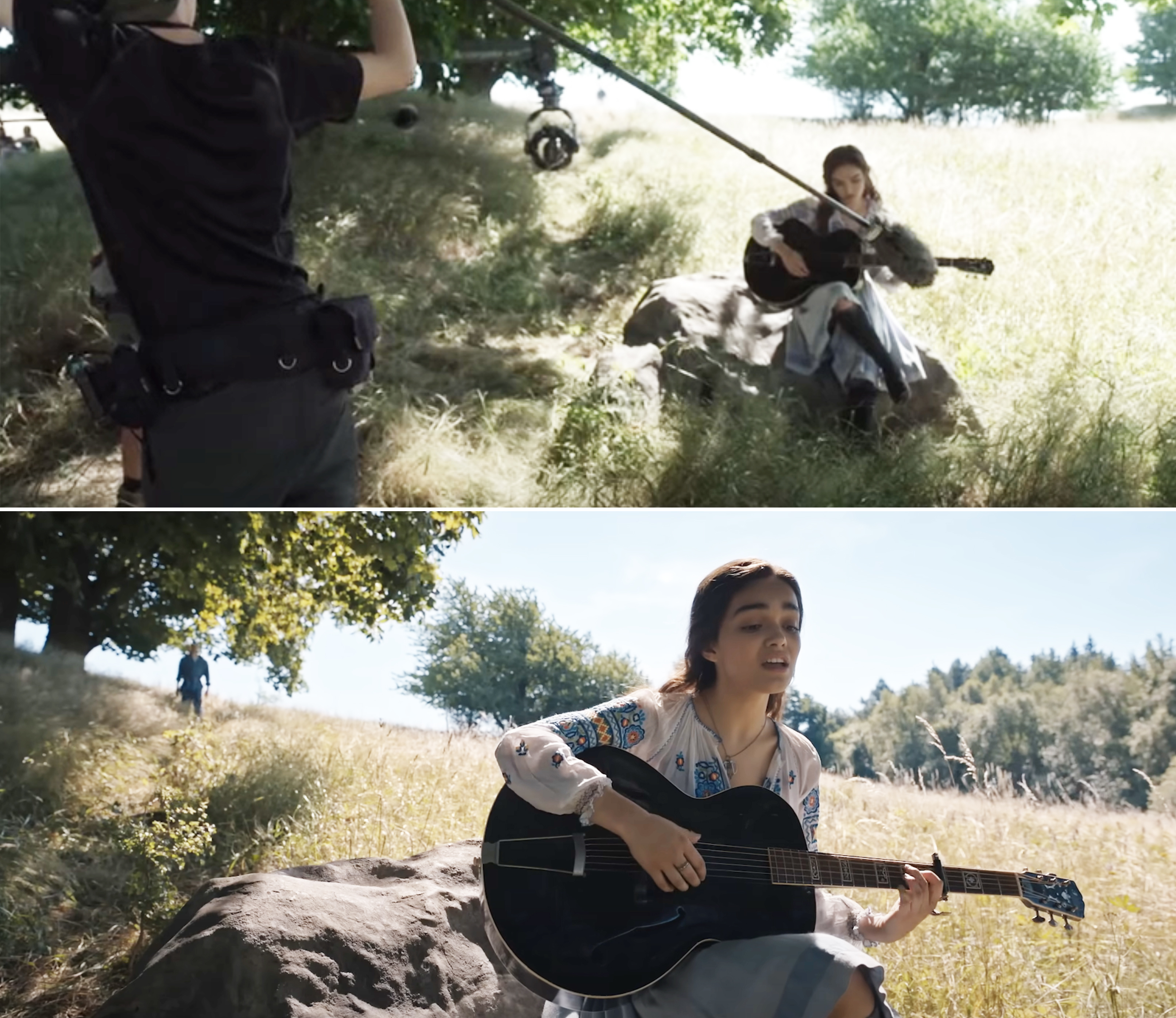 behind the scenes of her filming with a guitar in the field