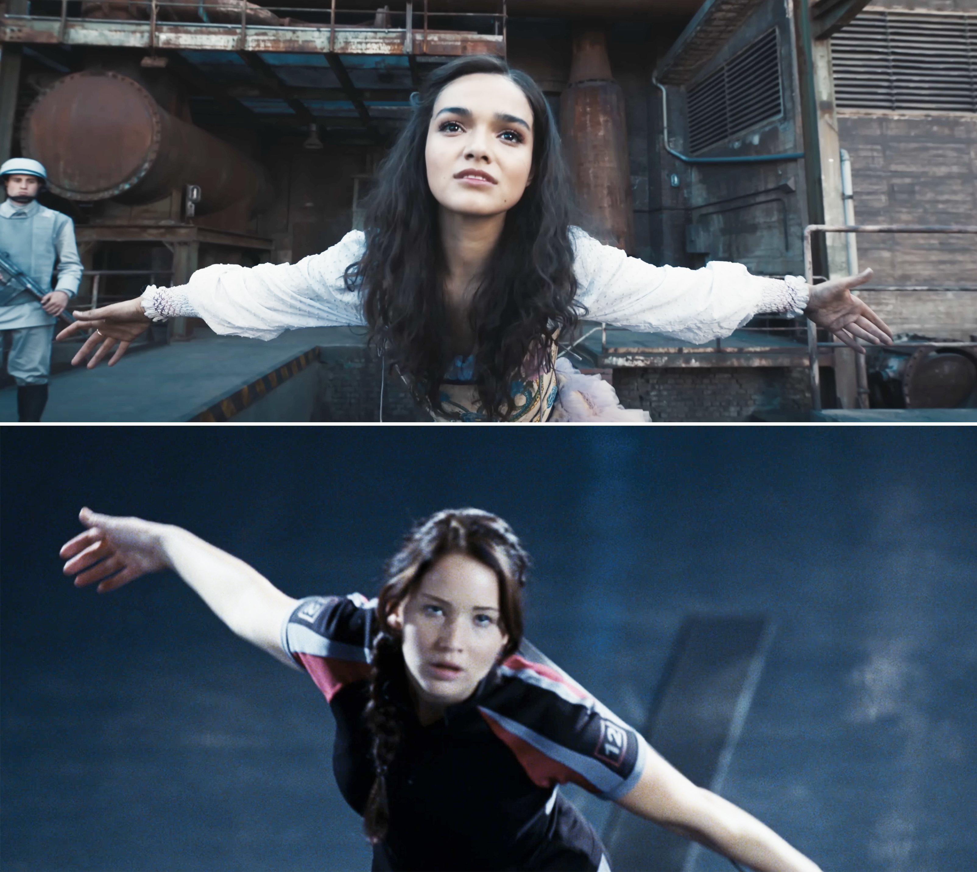 Side by Side of Lucy Gray bowing vs Katniss