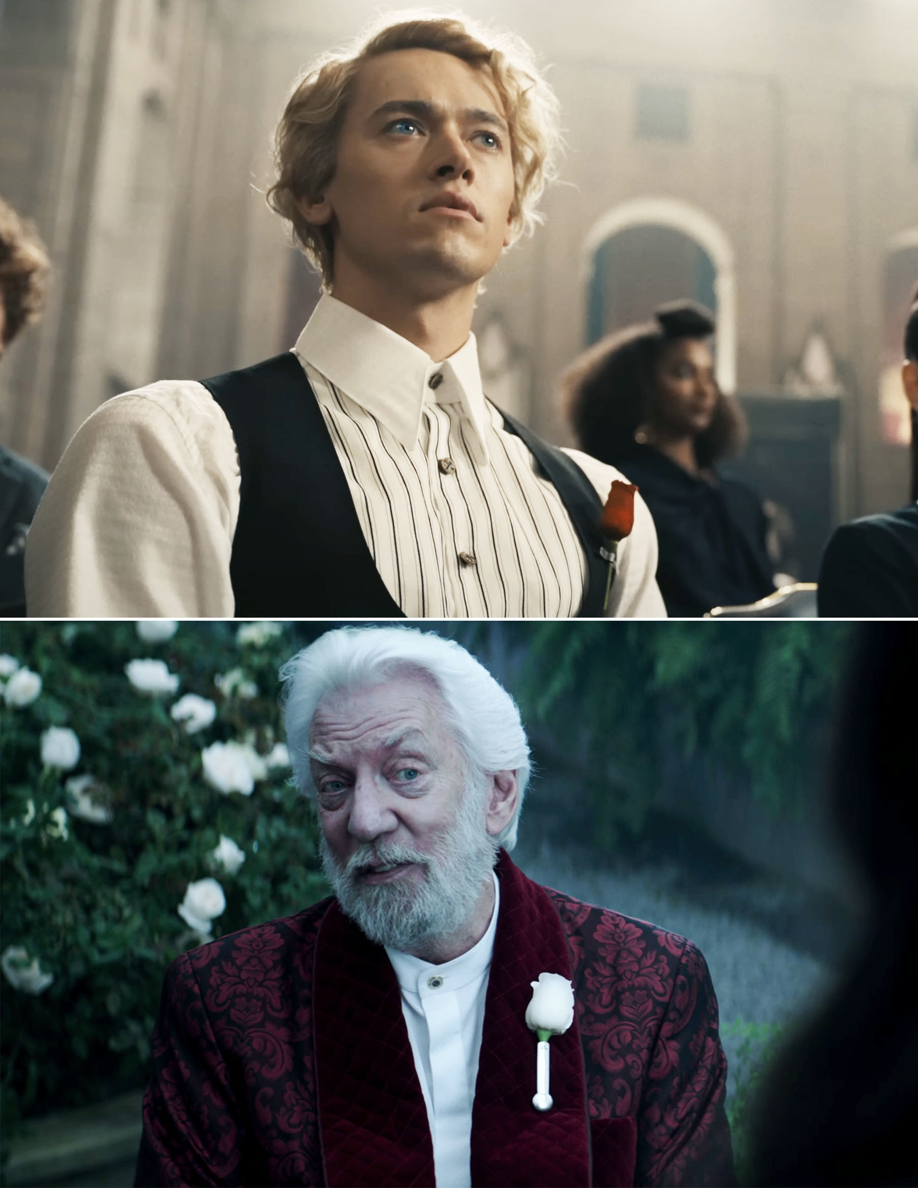 closeup of his character and then sutherland in the original, both are wearing flower lapels