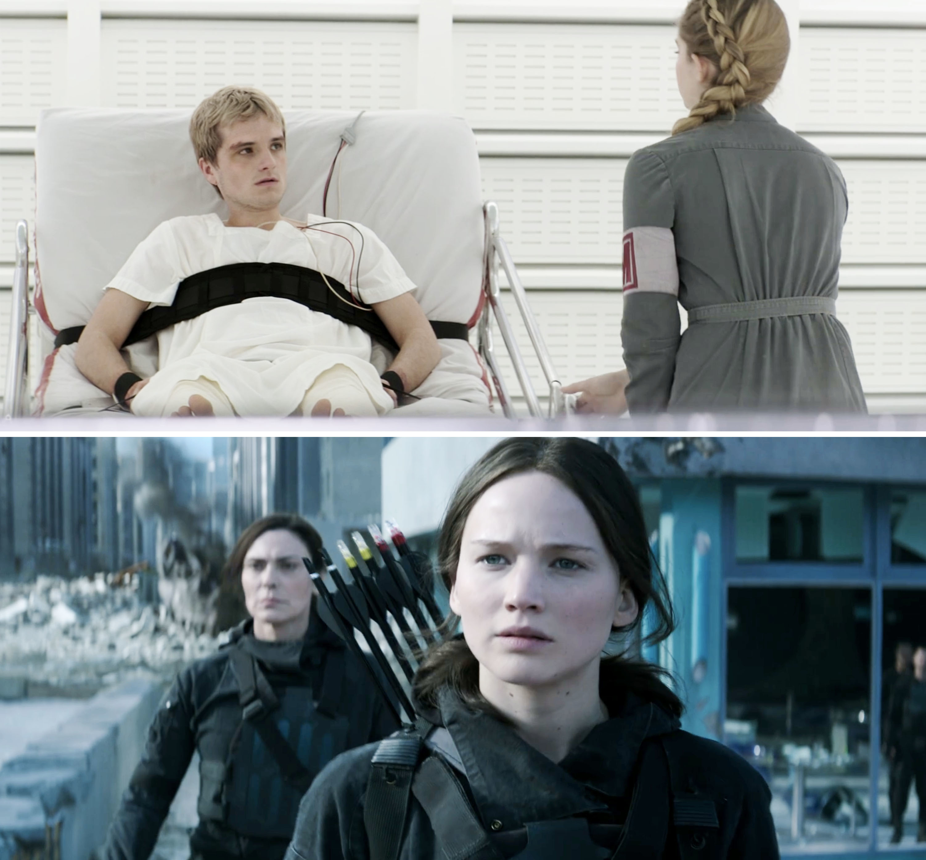 scene where a man is in a hospital bed as someone visits and then two characters with weapons in the city