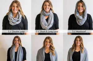 model wearing travel scarf six different ways
