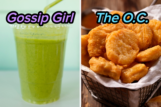 On the left, a green smoothie labeled Gossip Girl, and on the right, a basket of chicken nuggets labeled The OC