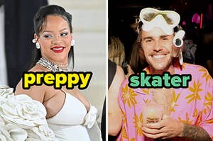 Rihanna on a red carpet wearing lipstick and diamond stud earrings, the word "preppy" over the image. Next to her is Justin Bieber in a separate image wearing scuba gear and a hawaiian shirt, the word "skater" over the image