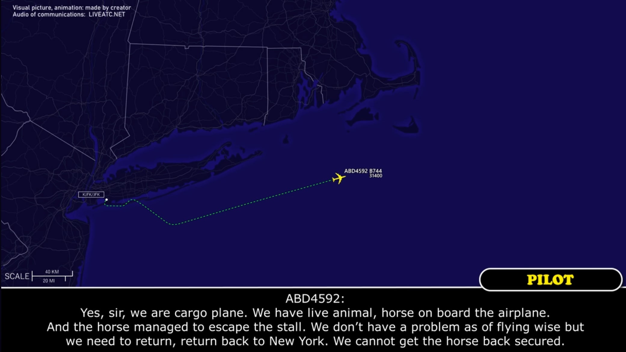A screenshot of the YouTube video that is a reconstruction of the pilot / air traffic control communications. an icon of an airplane is projected on a map south of Massachusetts