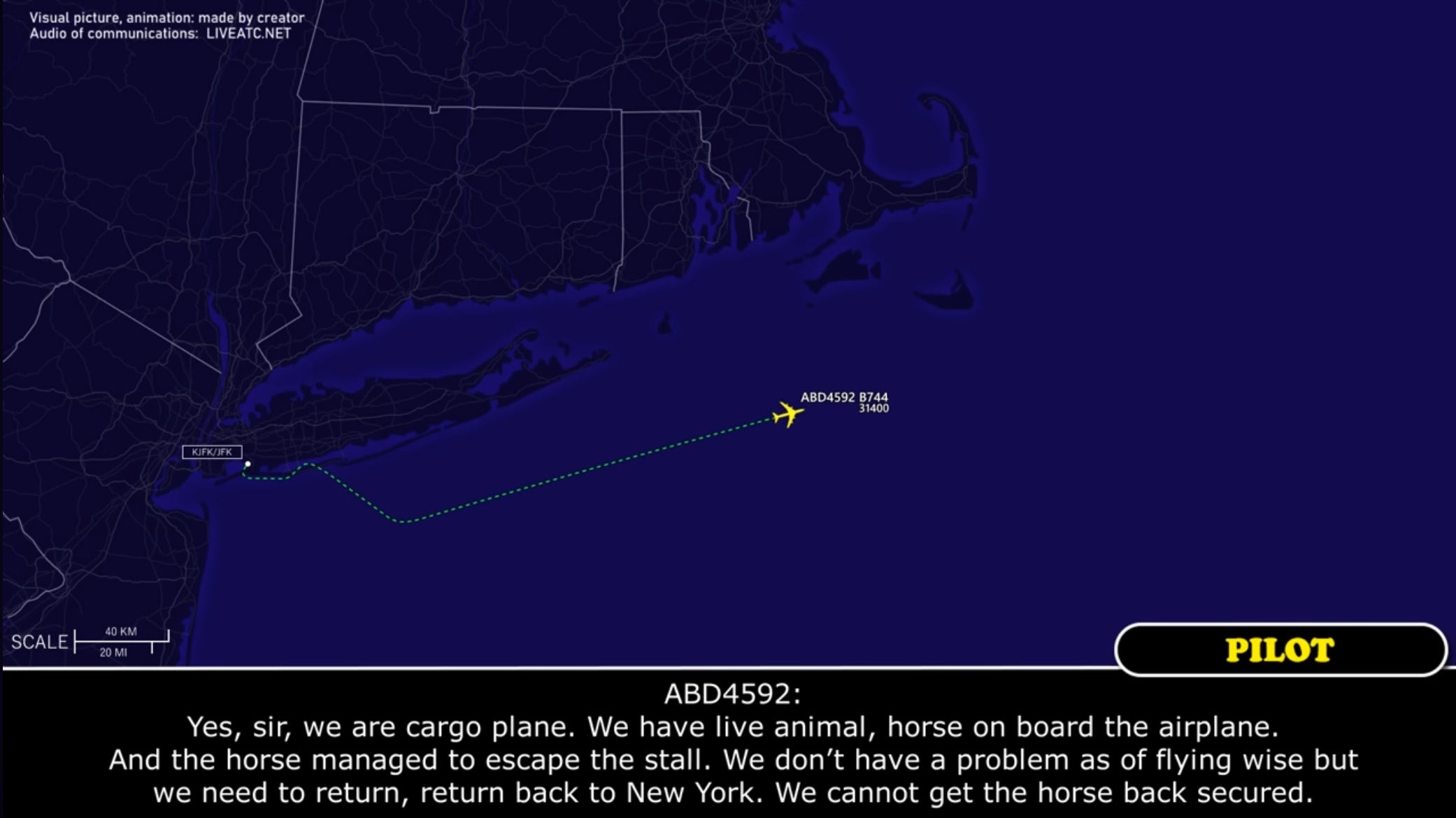 horse travel on plane A screenshot of the YouTube video that is a reconstruction of the pilot / air traffic control communications. an icon of an airplane is projected on a map south of Massachusetts