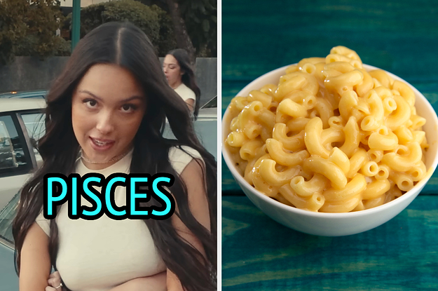 On the left, Olivia Rodrigo in the Get Him Back music video with Pisces typed under her chin, and on the right, a bowl of mac and cheese