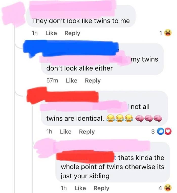 Person says twins don&#x27;t look alike, and when someone says not all twins are identical, person says isn&#x27;t that kind of the point, otherwise they&#x27;re just siblings, not twins