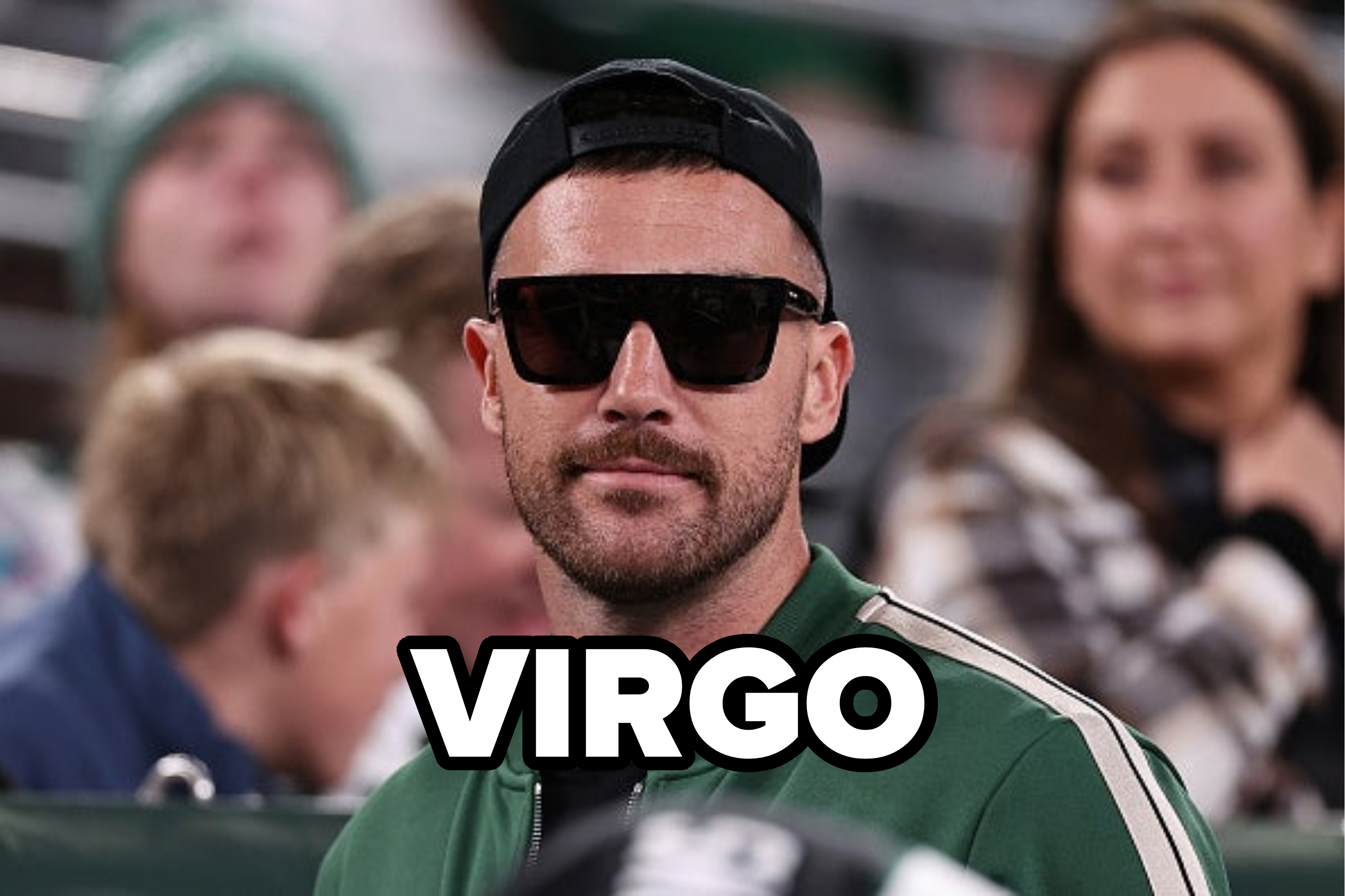 virgo written over a photo of him in sunglasses and a backwards hat
