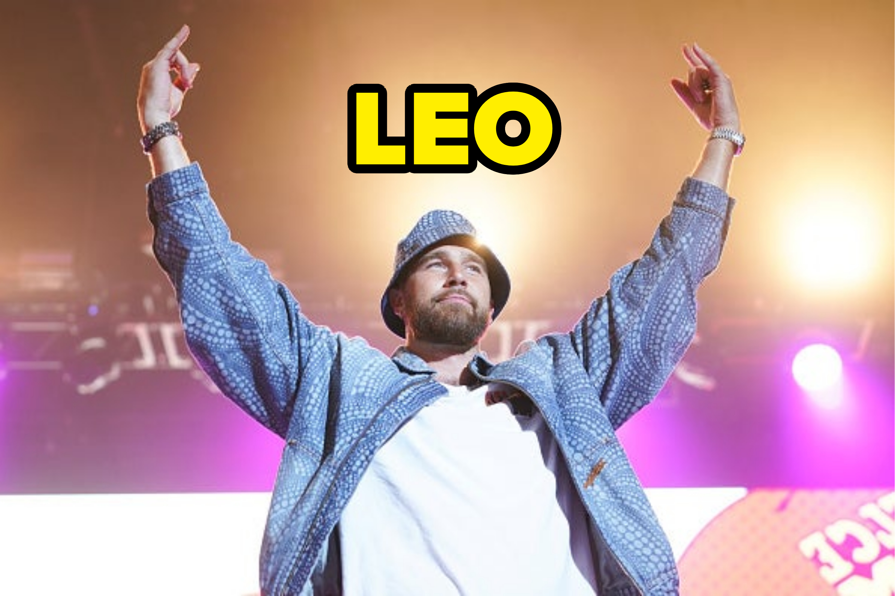 him throwing his hands up in front of a crowd with the text leo