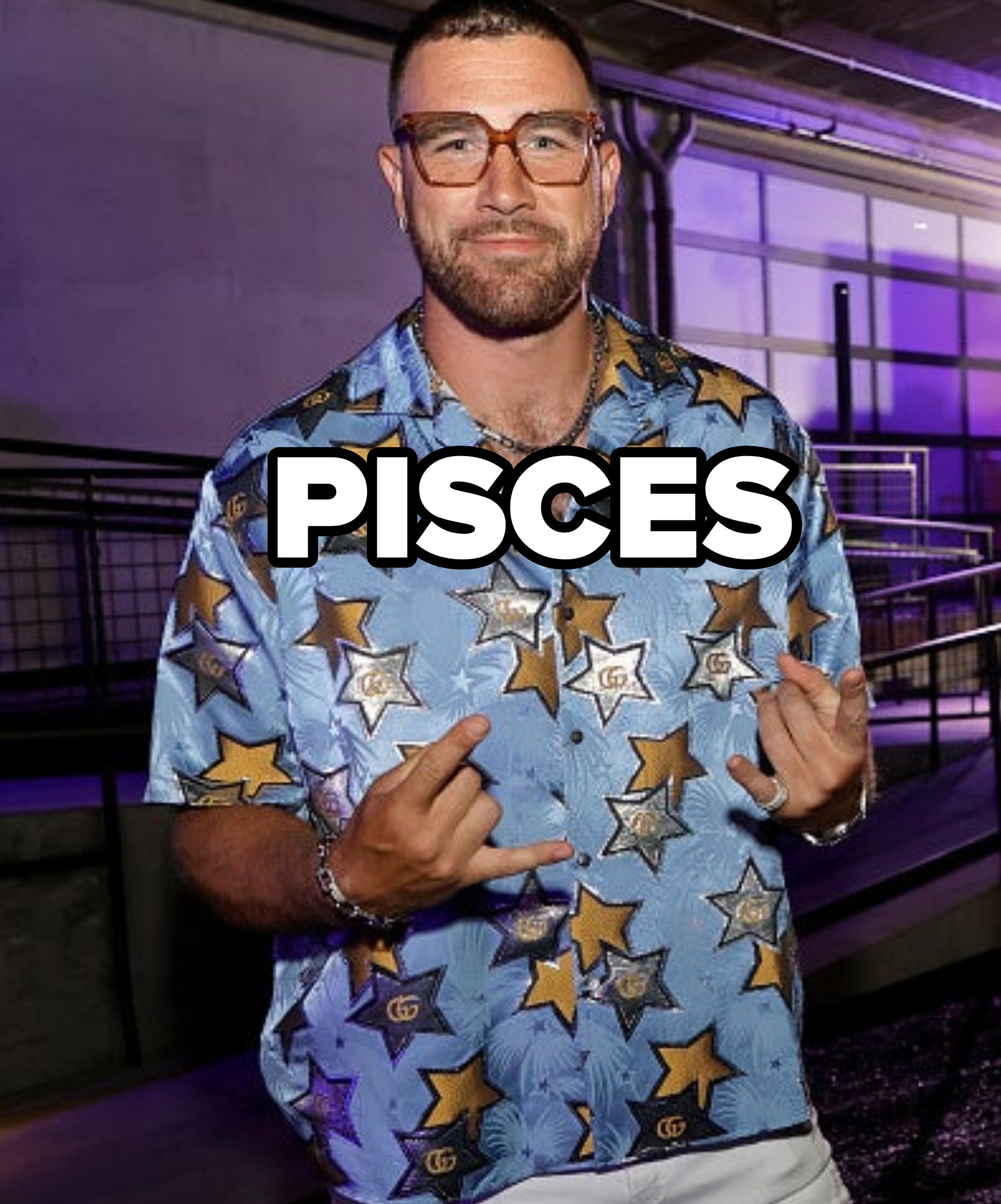 pisces written over a photo of him smiling in a star-printed shirt wearing large seeing glasses
