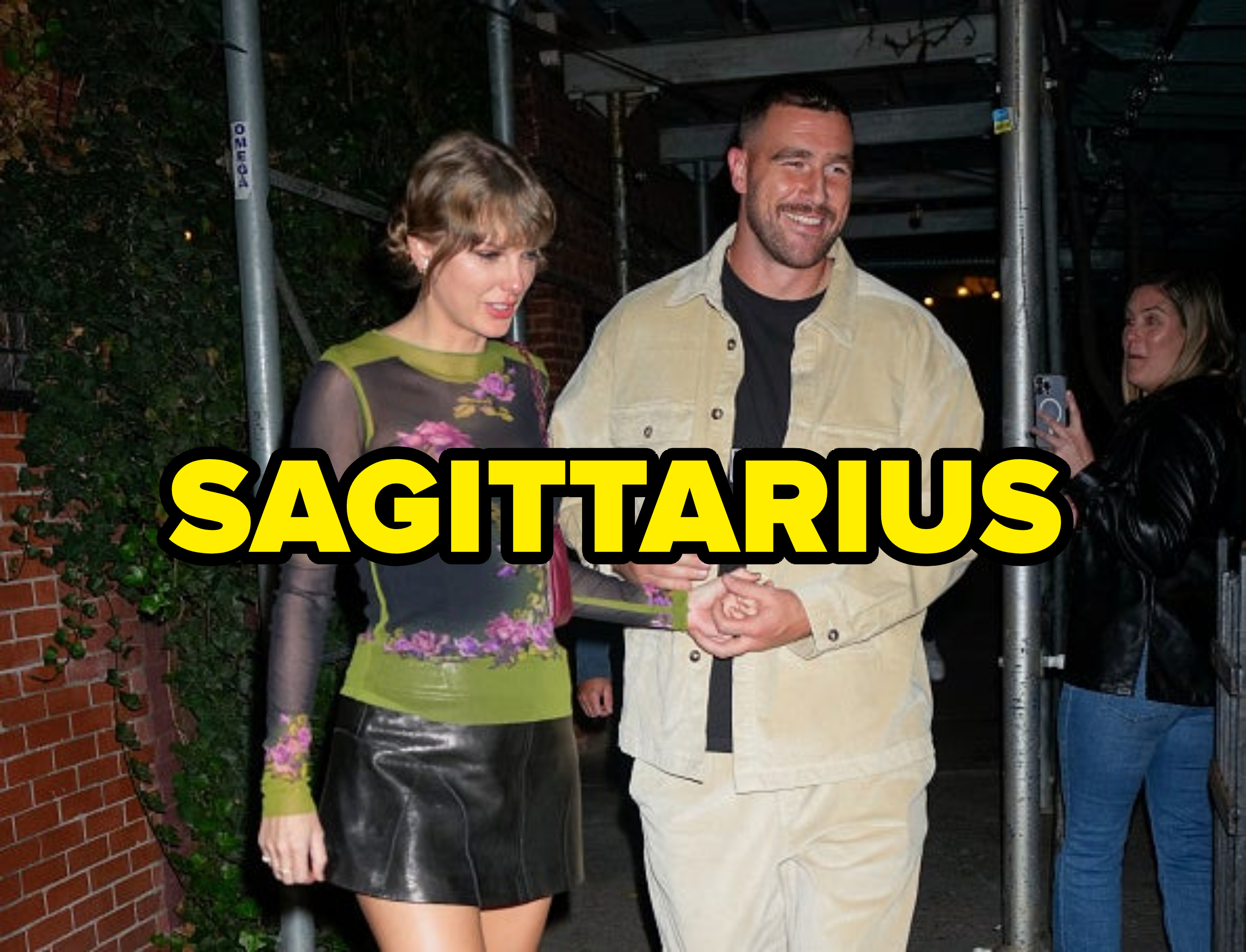 sagittarius written over a photo of him and taylor holding hands outside