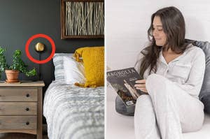 gold wall sconce mounted next to a bed; model using a gray reading pillow