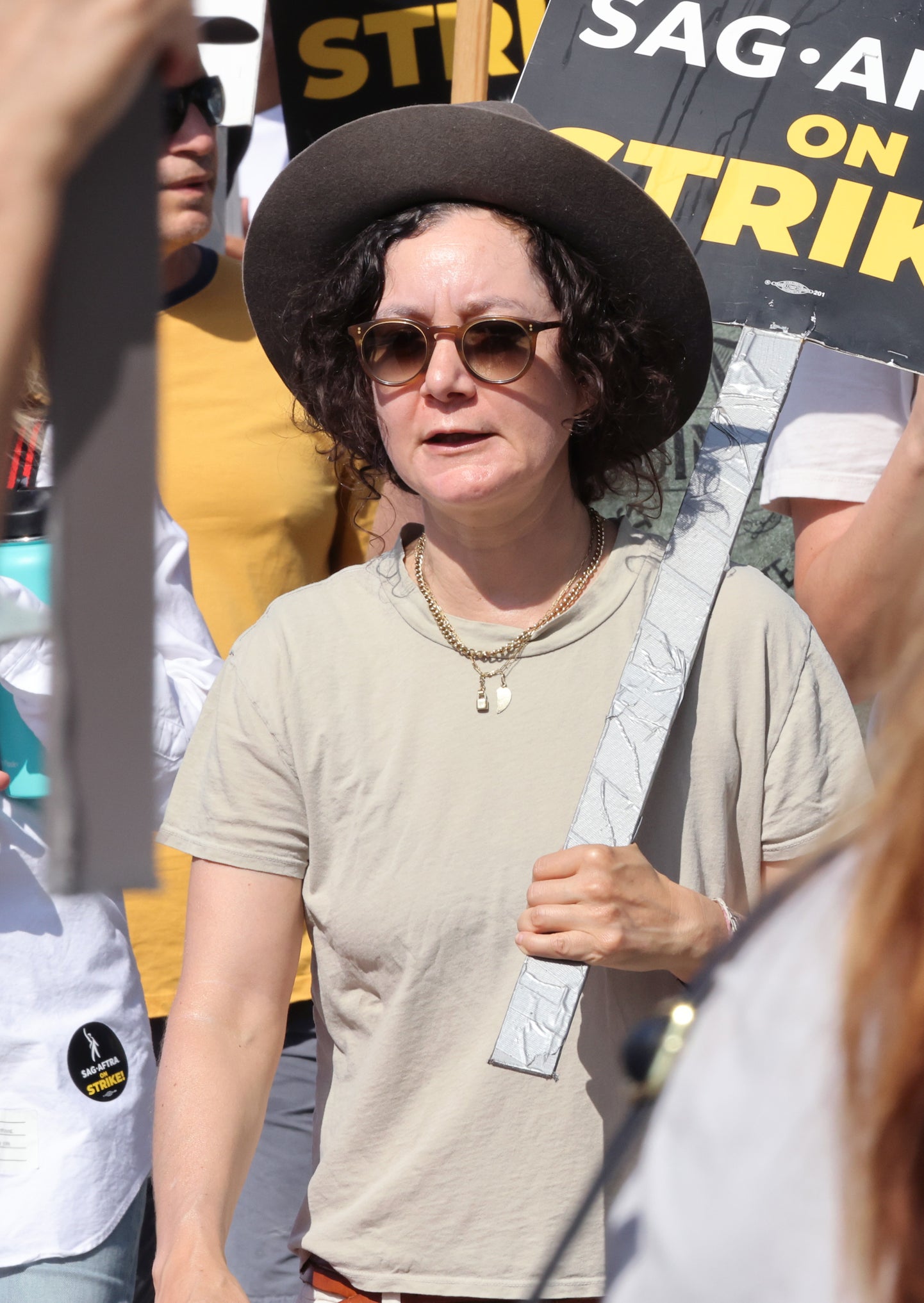 closeup of her in the picket line for the writer&#x27;s strike